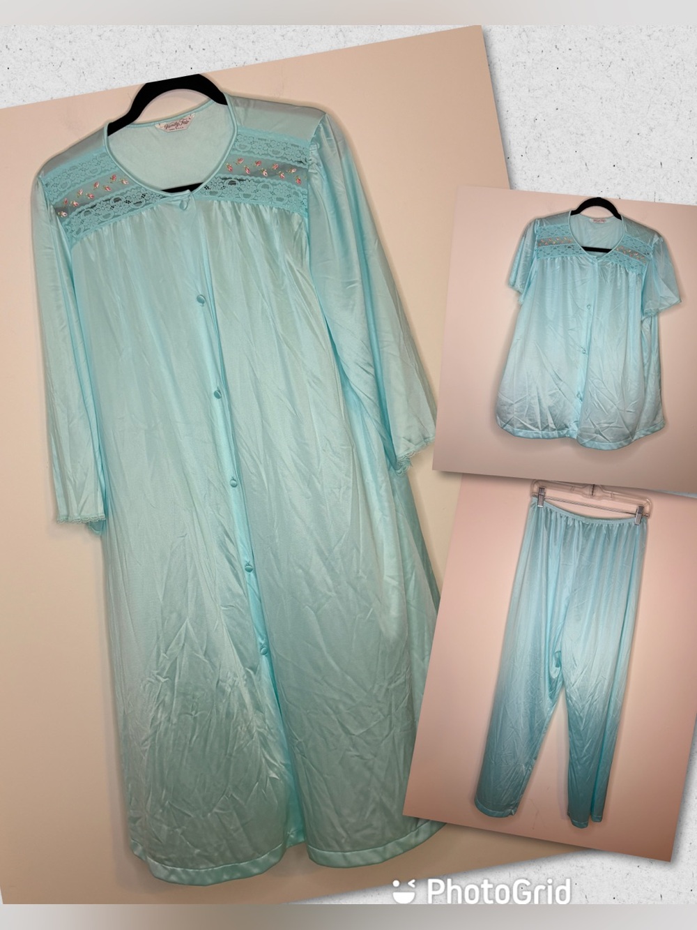 Vintage Vanity Fair Light Blue 3PC Nightgown Duster & Pajama Set Size Large
